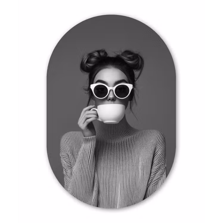 Vrouw - Koffie - Zwart - Wit Wandcirkel Ovaal Glas middel -3d