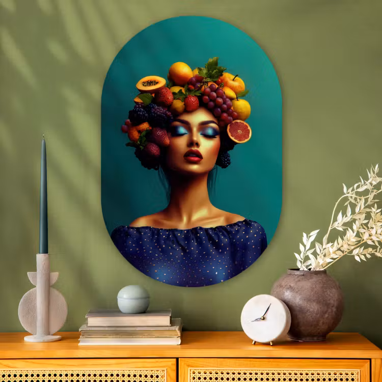 Vrouw - Hoodtooi - Tropisch - Fruit - Druiven Wandcirkel Ovaal Glas middel -sfeer2