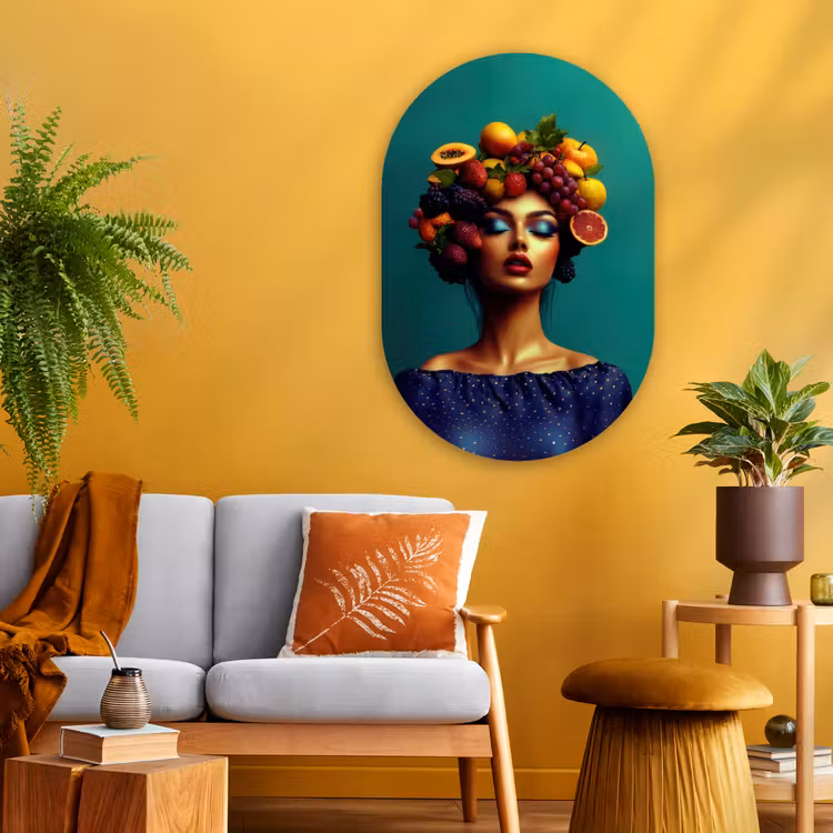 Vrouw - Hoodtooi - Tropisch - Fruit - Druiven Wandcirkel Ovaal Glas middel -sfeer4