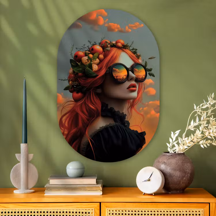 Vrouw - Kroon - Tomaat - Bascilicum - Zonnebril Wandcirkel Ovaal Glas middel -sfeer2