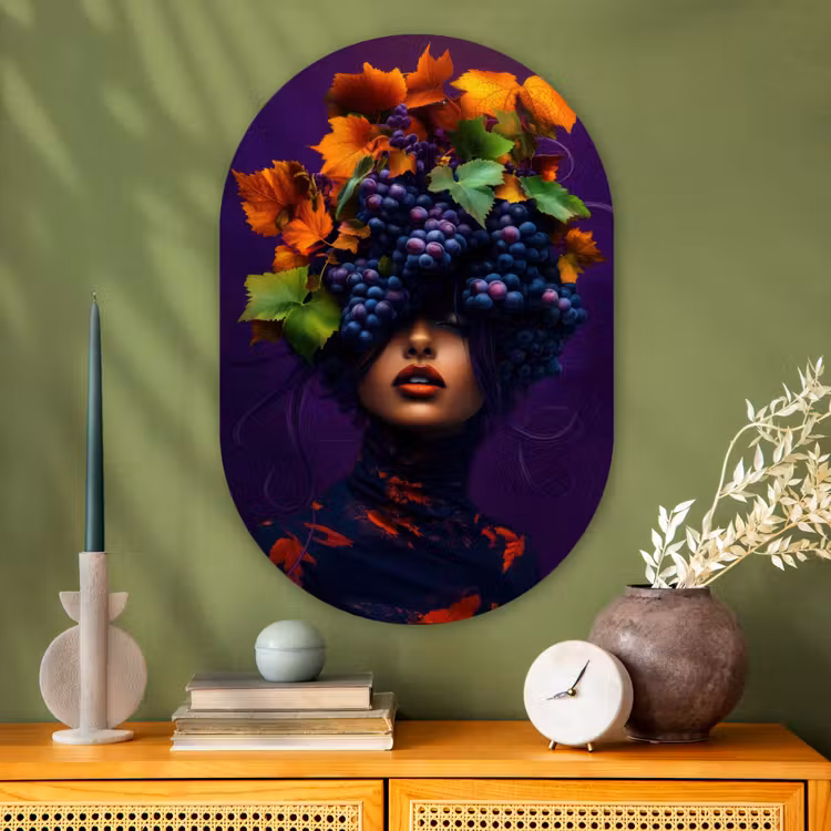 Vrouw - Paars - Druiven Wandcirkel Ovaal Glas middel -sfeer2