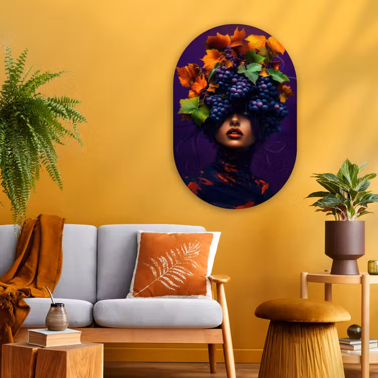 Vrouw - Paars - Druiven Wandcirkel Ovaal Glas middel -sfeer4