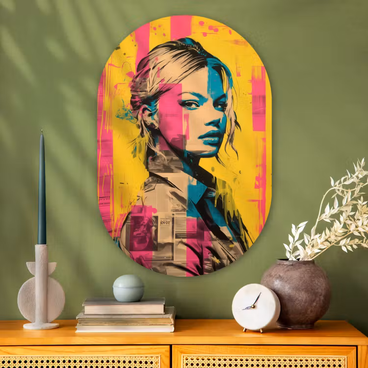 Vrouw - Verfstrepen - Gekleurd Wandcirkel Ovaal Glas middel -sfeer2