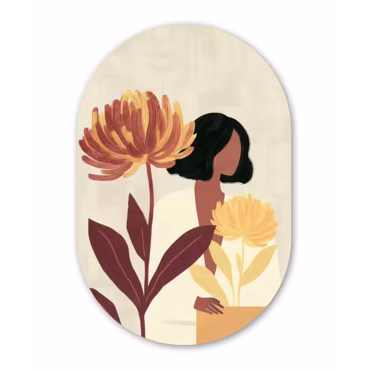 Vrouw - Minimalistisch - Bloem Wandcirkel Ovaal Glas middel -3d