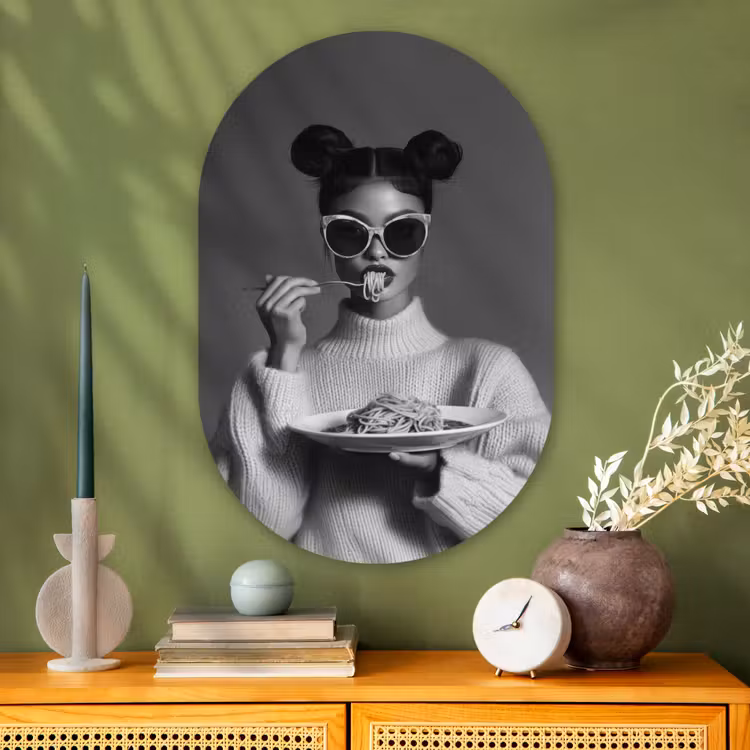 Vrouw - Pasta - Zonnebril Wandcirkel Ovaal Glas middel -sfeer2