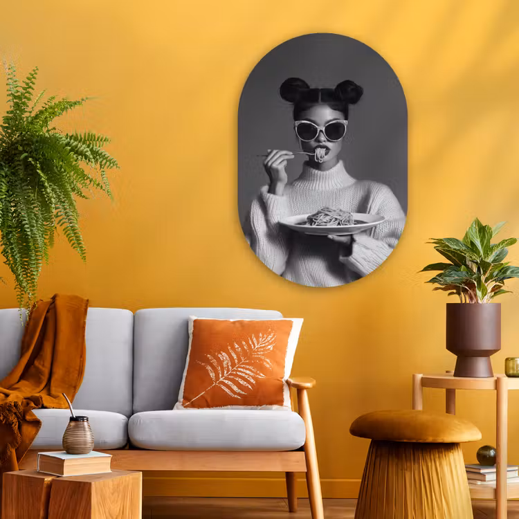 Vrouw - Pasta - Zonnebril Wandcirkel Ovaal Glas middel -sfeer4