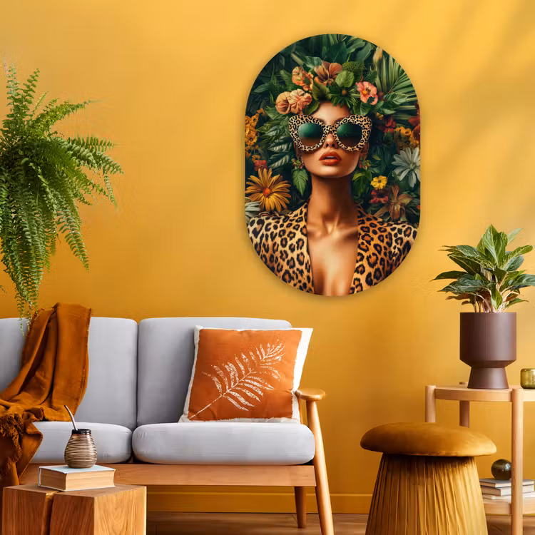 Vrouw - Panterprint - Jungle - Natuur - Luxe Wandcirkel Ovaal Glas middel -sfeer4
