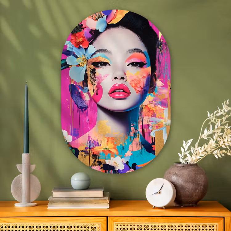 Vrouw - Portret - Abstract - Paars Wandcirkel Ovaal Glas middel -sfeer2