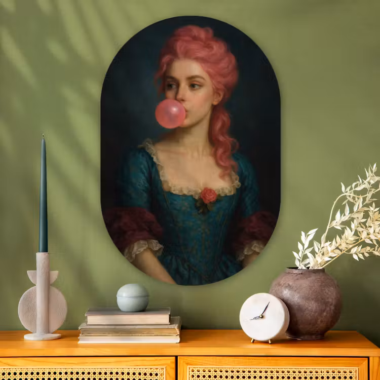 Vrouw - Portret - Kauwgombel Wandcirkel Ovaal Glas middel -sfeer2