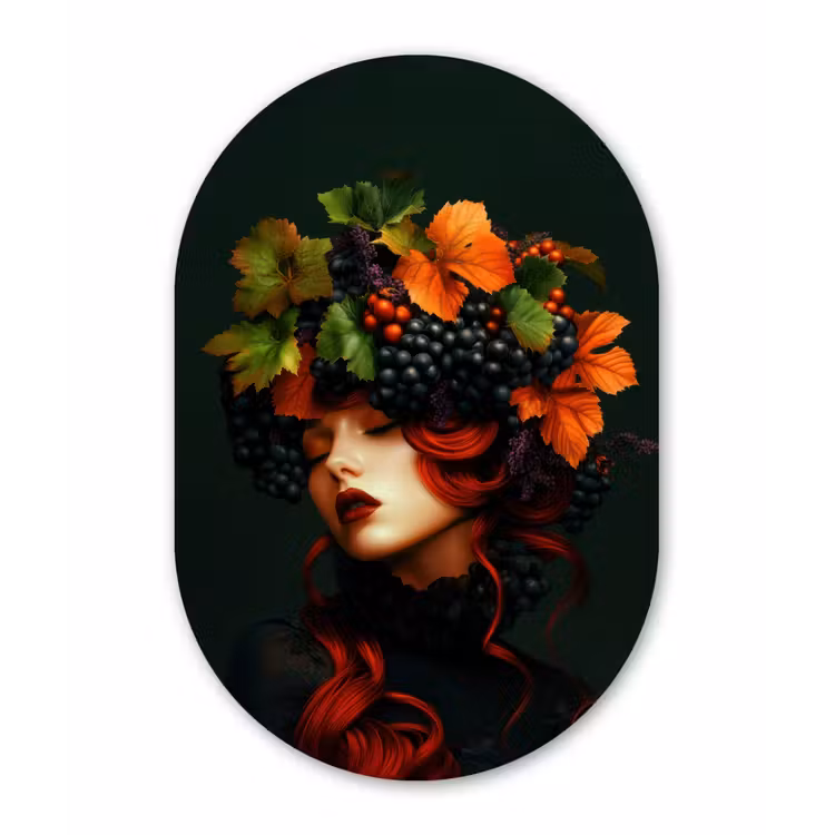 Vrouw - Rood - Groen - Druiven Wandcirkel Ovaal Glas middel -3d