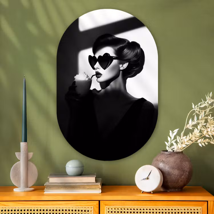 Vrouw - Zwart - Hart Wandcirkel Ovaal Glas middel -sfeer2