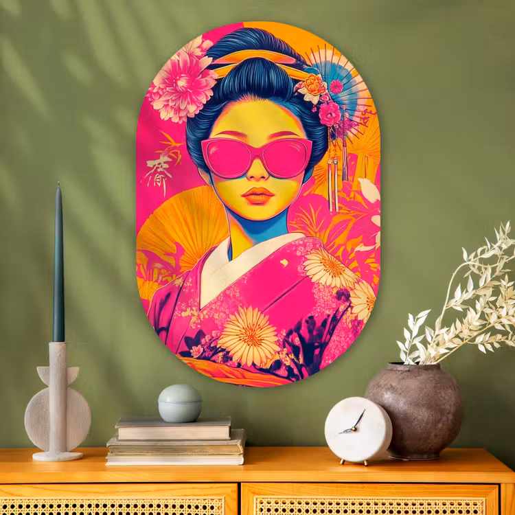 Vrouw - Zonnebril - Abstract - Oranje Wandcirkel Ovaal Glas middel -sfeer2