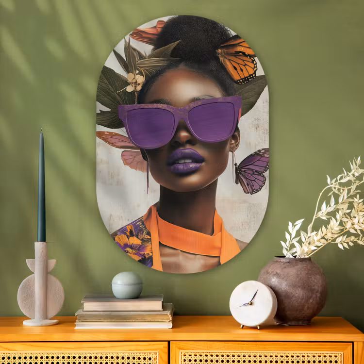 Vrouw - Zonnebril - Vlinder - Bloemen Wandcirkel Ovaal Glas middel -sfeer2
