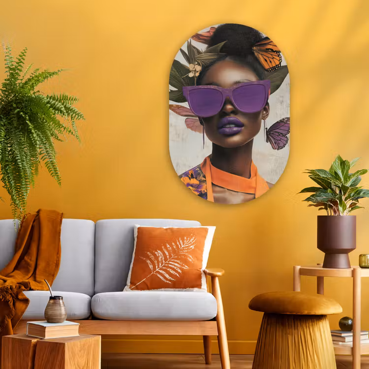 Vrouw - Zonnebril - Vlinder - Bloemen Wandcirkel Ovaal Glas middel -sfeer4