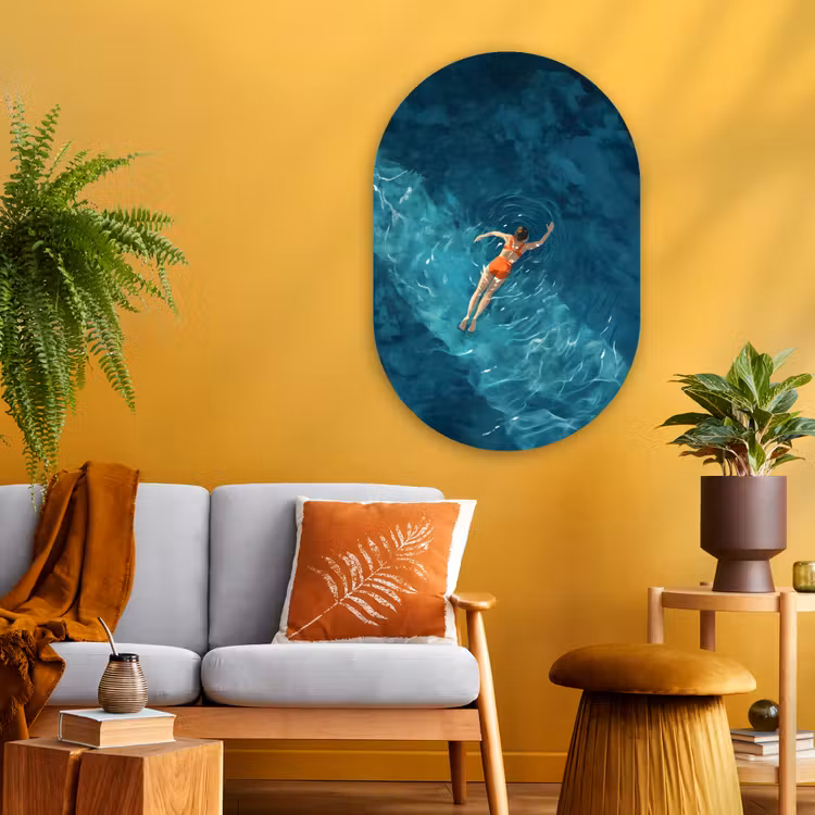 Vrouw - Water - Bikini - Oranje Wandcirkel Ovaal Glas middel -sfeer4