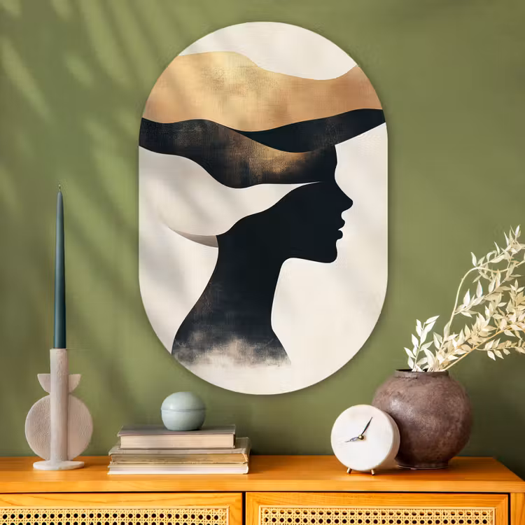 Vrouw - Golven - Zwart Wandcirkel Ovaal Glas middel -sfeer2
