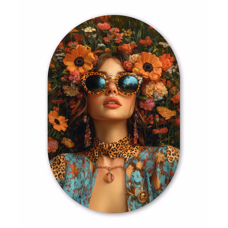 Vrouwen - Bloemen - Modern - Bril - Abstract Wandcirkel Ovaal Glas middel -3d