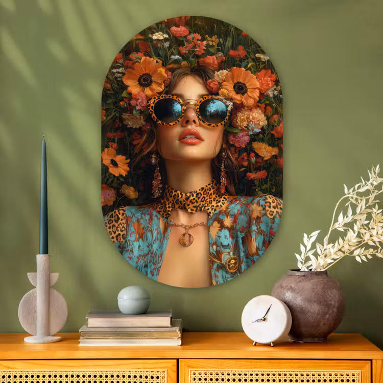 Vrouwen - Bloemen - Modern - Bril - Abstract Wandcirkel Ovaal Glas middel -sfeer2