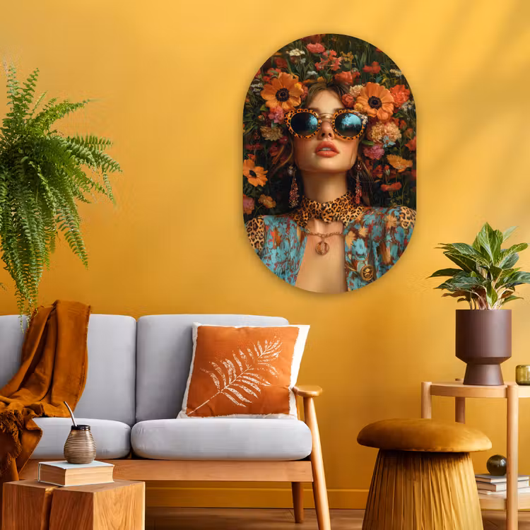 Vrouwen - Bloemen - Modern - Bril - Abstract Wandcirkel Ovaal Glas middel -sfeer4