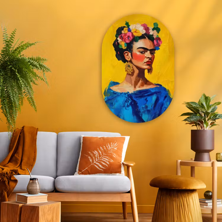 Frida Kahlo - Vrouw - Geel - Blauw - Bloemen Wandcirkel Ovaal Glas middel -sfeer4