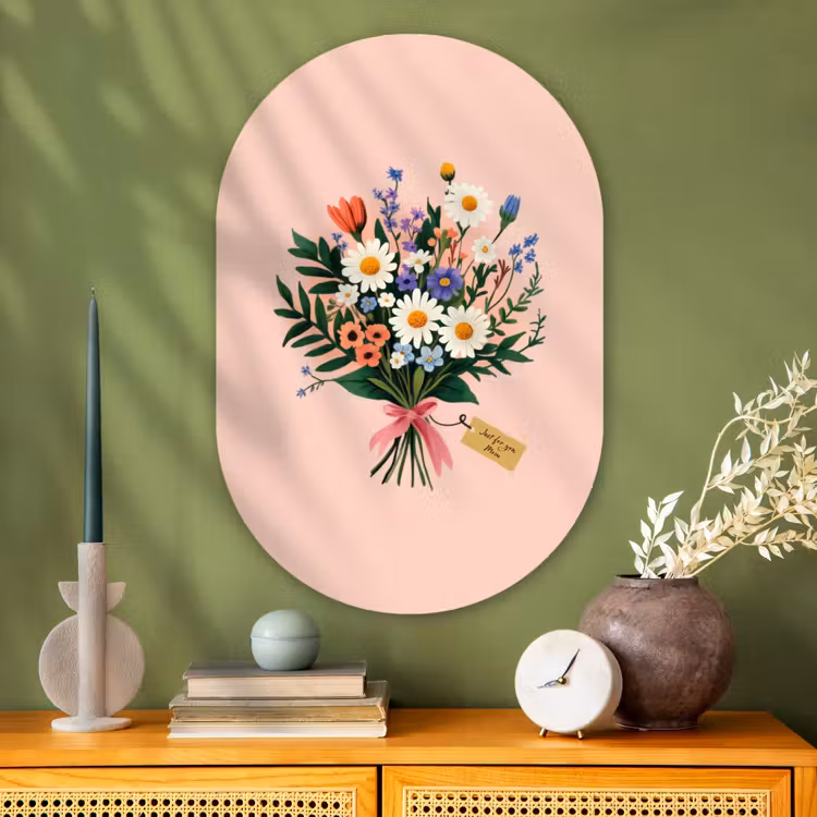 Margrieten - Boeket - Strikje - Roze Wandcirkel Ovaal Glas middel -sfeer2