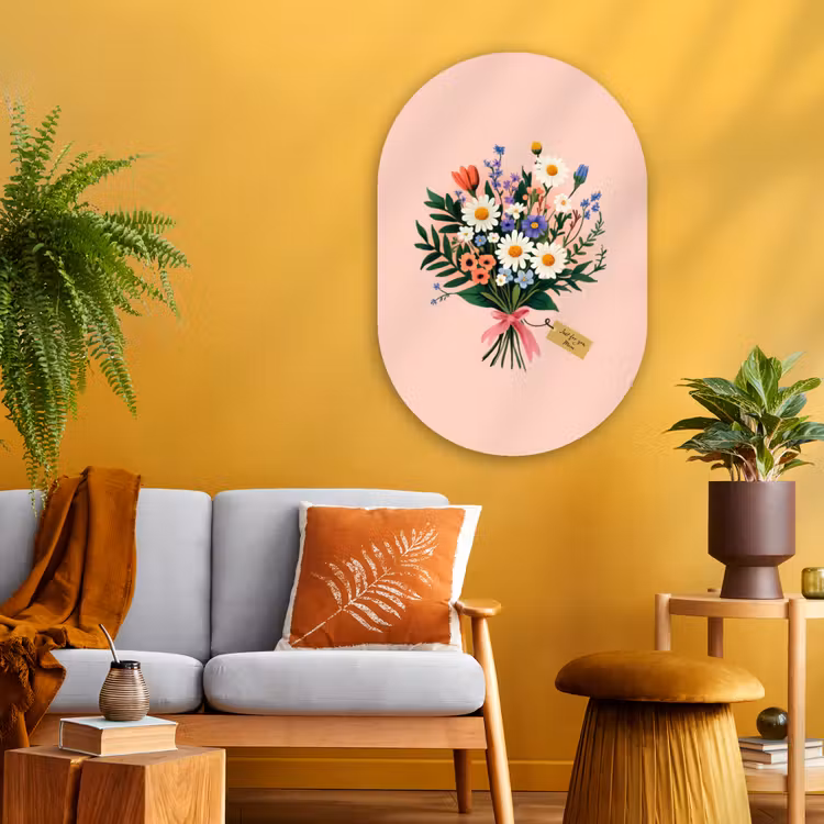 Margrieten - Boeket - Strikje - Roze Wandcirkel Ovaal Glas middel -sfeer4