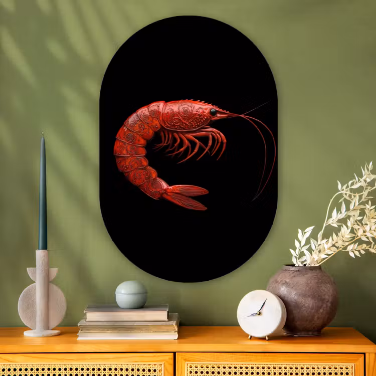 Garnaal - Rood - Dieren Wandcirkel Ovaal Glas middel -sfeer2