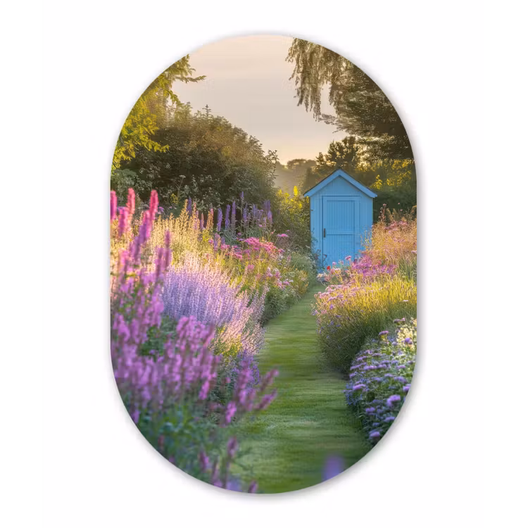Tuinhuisje - Blauw - Bloemen Wandcirkel Ovaal Glas middel -3d