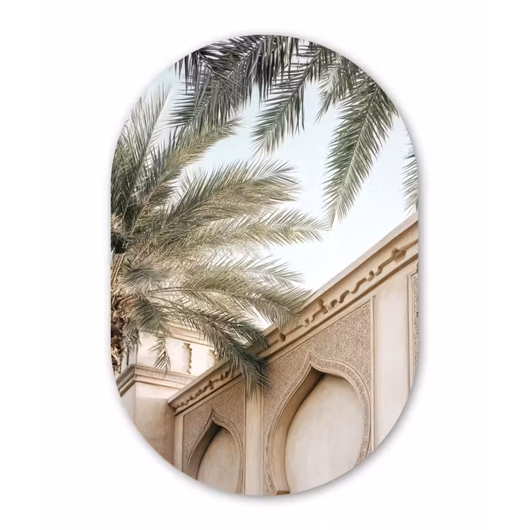 Gebouw - Palmbomen - Beige - Zon Wandcirkel Ovaal Glas middel -3d