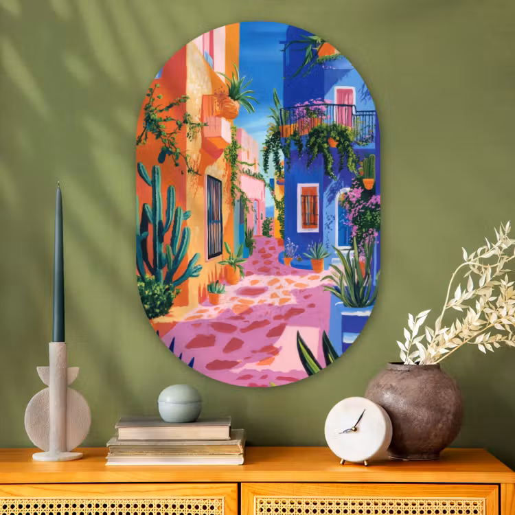Geel - Blauw - Oranje - Huis Wandcirkel Ovaal Glas middel -sfeer2