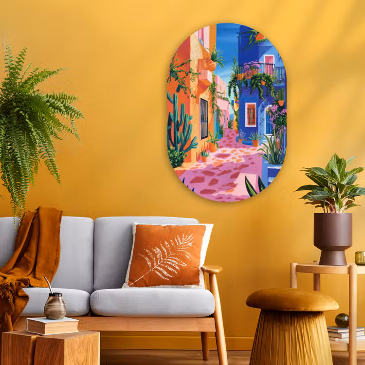 Geel - Blauw - Oranje - Huis Wandcirkel Ovaal Glas middel -sfeer4