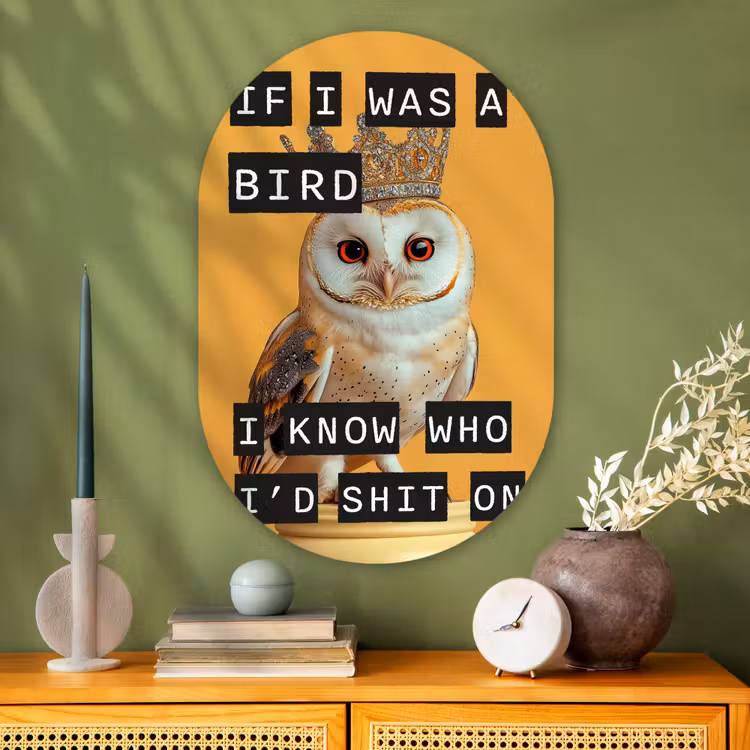 Geel - Uil - Vogel - Decoratie Wandcirkel Ovaal Glas middel -sfeer2
