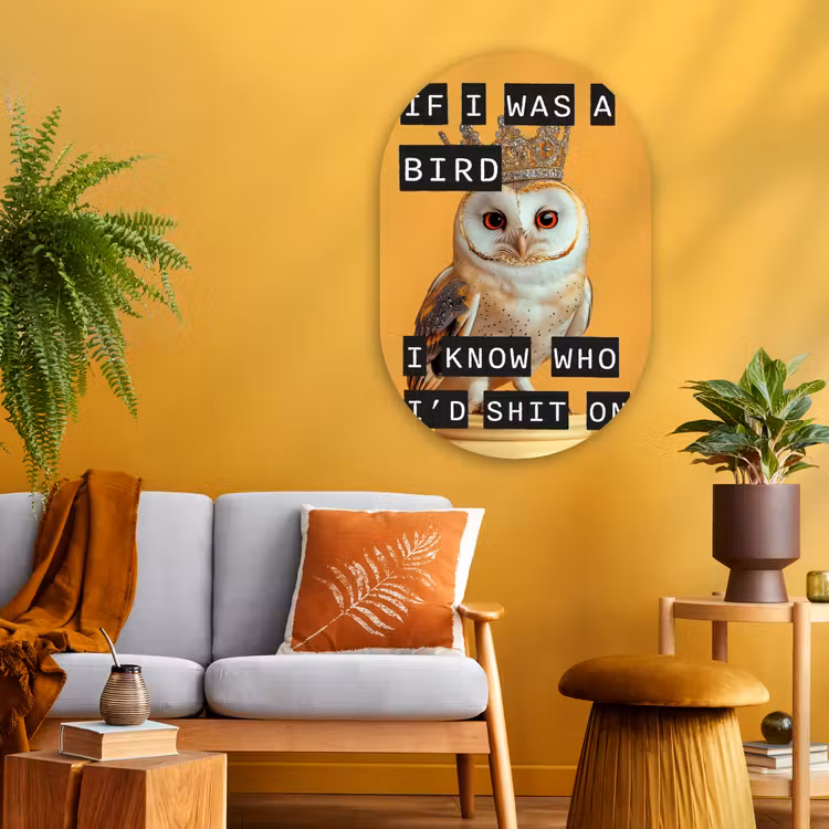 Geel - Uil - Vogel - Decoratie Wandcirkel Ovaal Glas middel -sfeer4