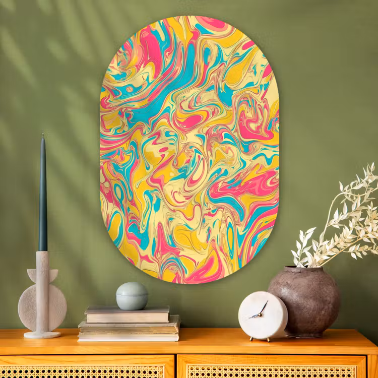 Geel - Roze - Blauw - Retro Wandcirkel Ovaal Glas middel -sfeer2