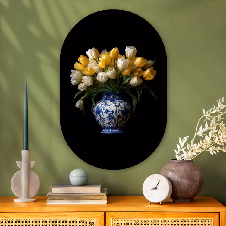 Geel - Tulpen - Vaas - Bloemen Wandcirkel Ovaal Glas middel -sfeer2