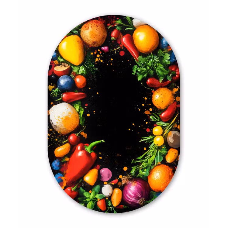 Groente - Graffiti - Kleurrijk - Koken - Abstract Wandcirkel Ovaal Glas middel -3d