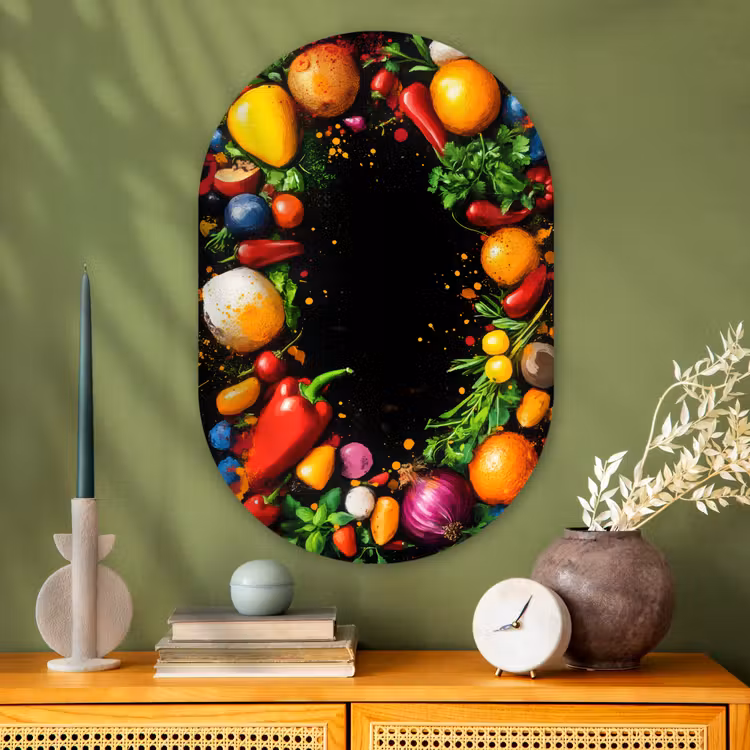 Groente - Graffiti - Kleurrijk - Koken - Abstract Wandcirkel Ovaal Glas middel -sfeer2