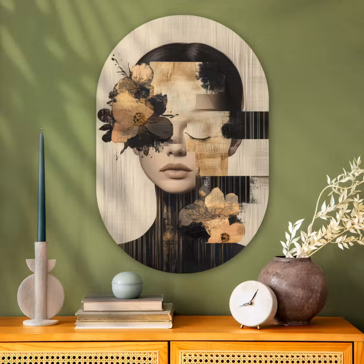 Gezicht - Bloemen - Zwart - Vrouw Wandcirkel Ovaal Glas middel -sfeer2