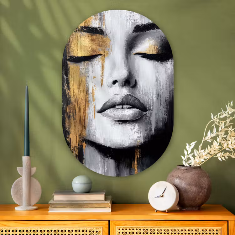 Gezicht - Vrouw - Penseelstreken - Abstract Wandcirkel Ovaal Glas middel -sfeer2
