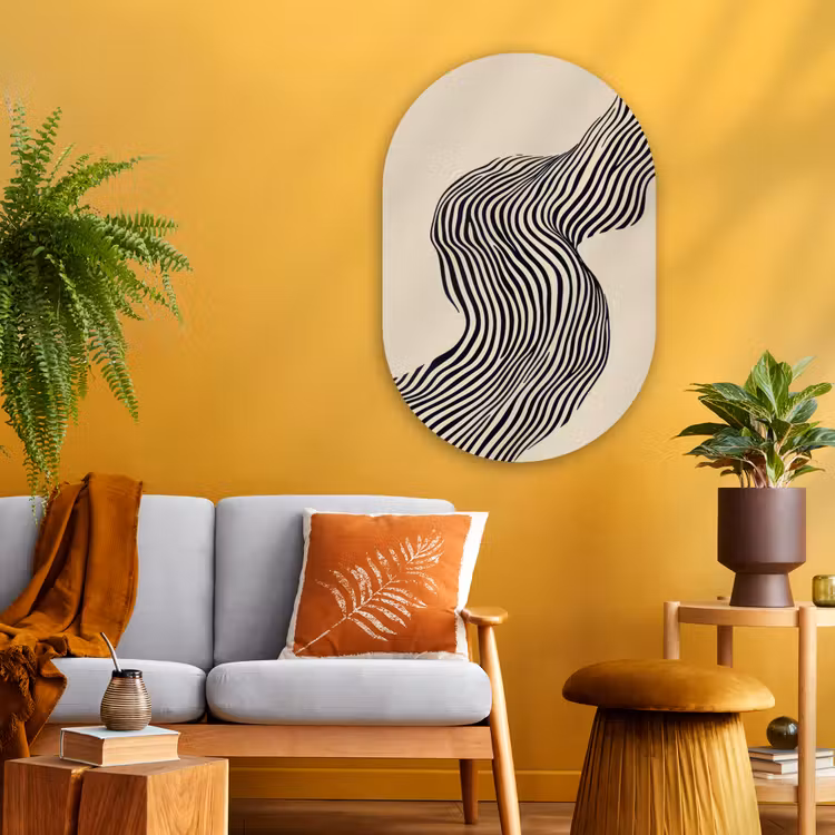 Golvend - Lijnen - Abstract - Silhouet Wandcirkel Ovaal Glas middel -sfeer4