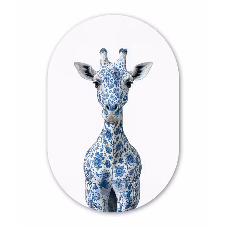 Giraffe - Delfts blauw - Dieren - Minimalistisch Wandcirkel Ovaal Glas middel -3d