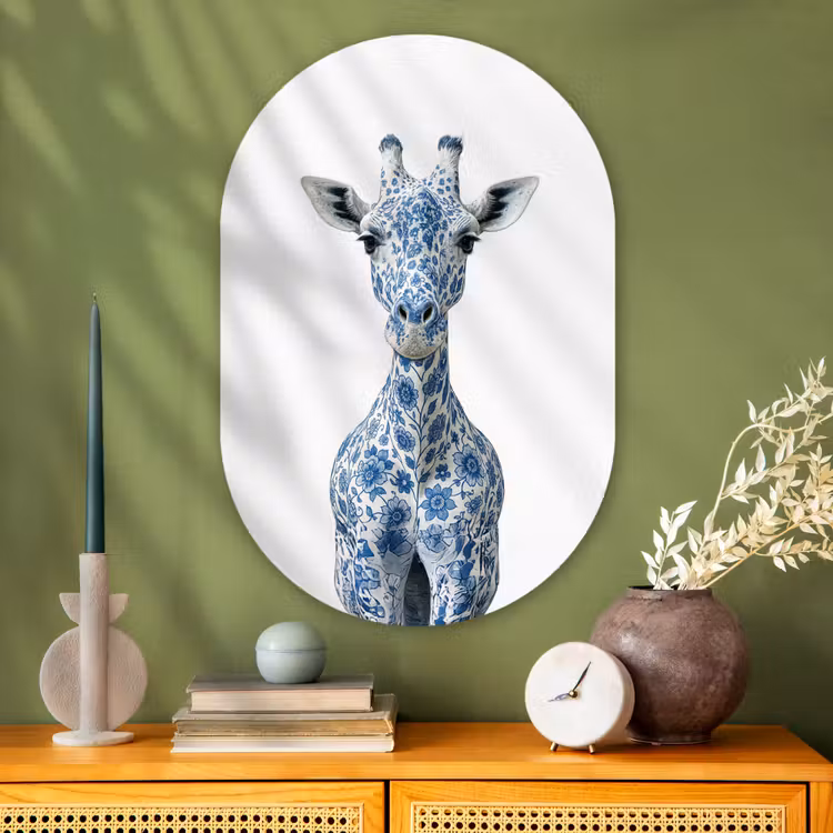 Giraffe - Delfts blauw - Dieren - Minimalistisch Wandcirkel Ovaal Glas middel -sfeer2