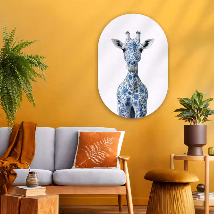Giraffe - Delfts blauw - Dieren - Minimalistisch Wandcirkel Ovaal Glas middel -sfeer4