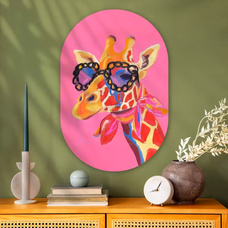 Giraf - Roze - Bril - Sjaal Wandcirkel Ovaal Glas middel -sfeer2