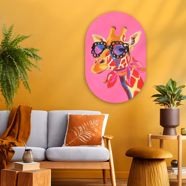 Giraf - Roze - Bril - Sjaal Wandcirkel Ovaal Glas middel -sfeer4