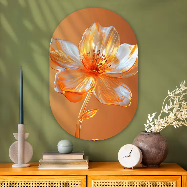 Glazen - Bloem - Oranje Wandcirkel Ovaal Glas middel -sfeer2