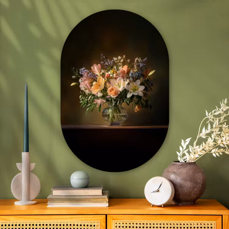 Glazen - Bloemen - Boeket - Kleuren Wandcirkel Ovaal Glas middel -sfeer2