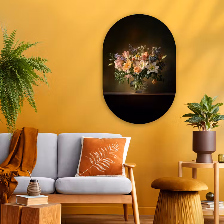 Glazen - Bloemen - Boeket - Kleuren Wandcirkel Ovaal Glas middel -sfeer4
