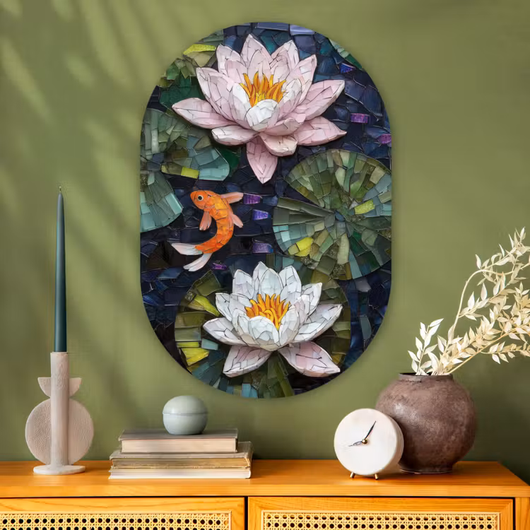Glasstukjes - Leliebladeren - Vis - Oranje Wandcirkel Ovaal Glas middel -sfeer2