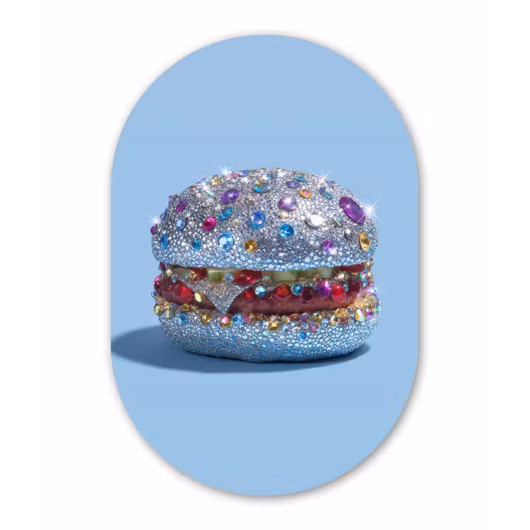 Glitters - Hamburger - Blauw Wandcirkel Ovaal Glas middel -3d